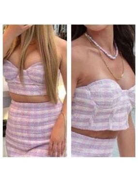 Zara pink purple tweed corset bustier crop top sweetheart neckline NWOT